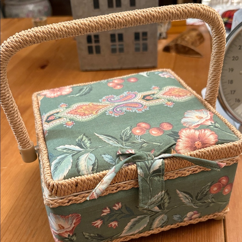 Floral Green and Tan Sewing Basket